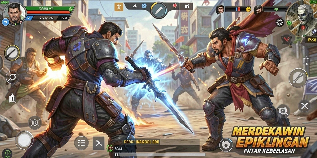 Tampilan gameplay seru dalam MERDEKAWIN dengan pertarungan karakter yang intens.