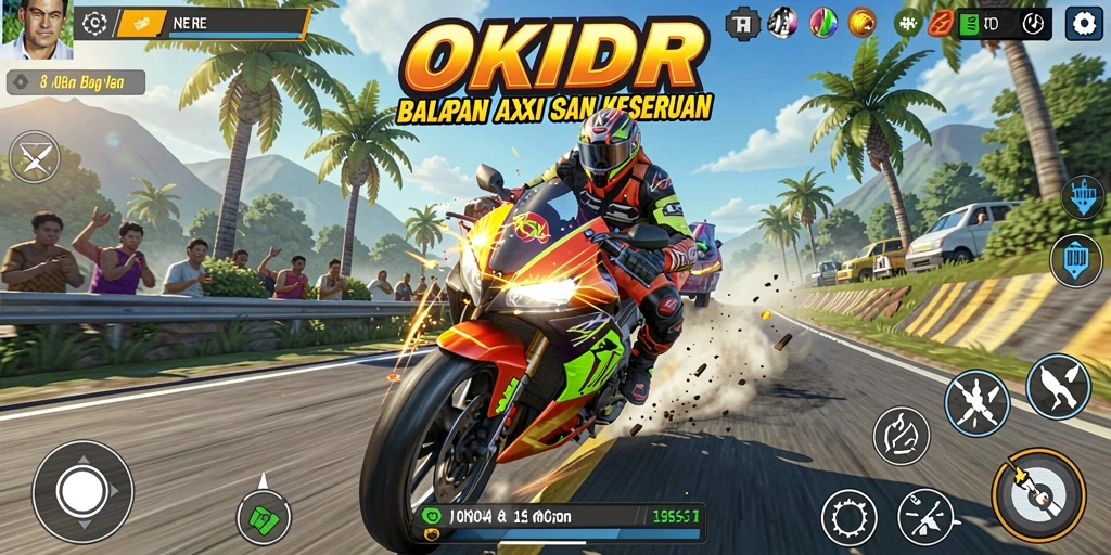 Screenshot gameplay OKIDR menampilkan aksi balapan motor yang mendebarkan.