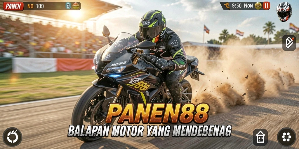 Tampilan seru gameplay PANEN88 saat balapan motor.