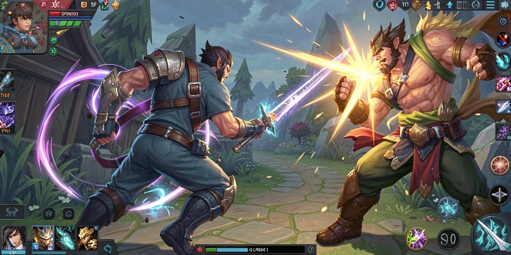Screenshot SPIN101 menampilkan aksi intens dalam pertempuran MOBA.